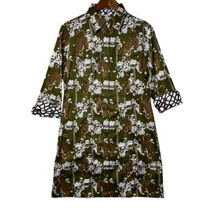 Dizzy Lizzie Safari Tiger Print Shirt Dress Tunic M 3/4 Sleeve Cotton Green